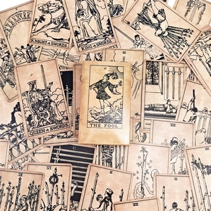 Flat lay of vintage Sea Soul Journey Oracle cards with classic Rider-Waite illustrations