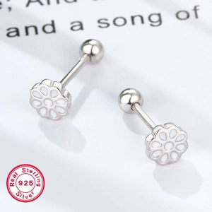 Detail of S925 sterling silver daisy stud earrings with flower enamel and screw ball back