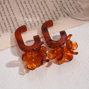 Detail view of vintage amber resin flower earrings on decorative English newsprint paper