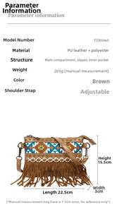 Detail view of ethnic fringe crossbody bag with geometric webbing and adjustable strap