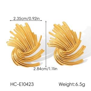 Detailed size specifications for gold textured fan-shaped earrings with measurements
