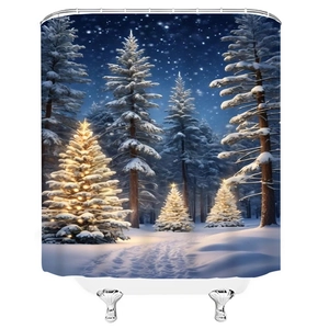 Christmas shower curtain featuring glowing winter forest trees and starry night scene