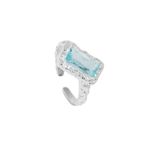 S925 sterling silver open ring featuring a light blue rectangle zircon and lava texture