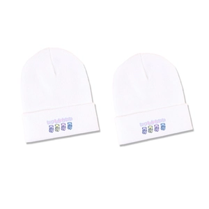 Japanese style white knit beanie featuring four cute cartoon bears and text embroidery