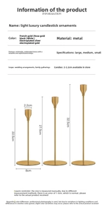 Size chart showing large medium and small gold metal candlesticks with dimensions
