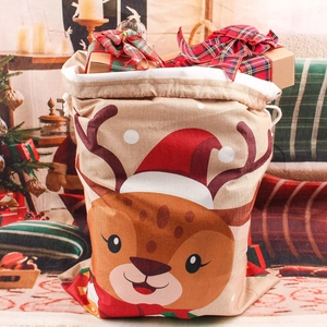Large Christmas reindeer burlap drawstring gift bag with cartoon deer print and ribbons