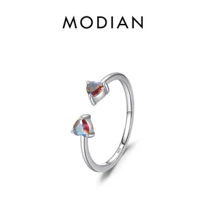 Adjustable Open Ring 925 Sterling Silver Colorful Heart Zircon Double Heart Romantic Sweet Jewelry For Women