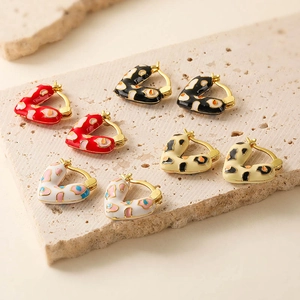 Heart Shaped Hoop Earrings Copper Gold Plated Enamel Colorful Abstract Leopard Print Sweet Style For Women