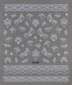 Close-up of 5D white lace relief nail art stickers with floral and mask patterns Co-437