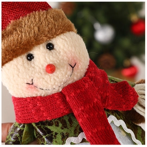 Close-up of a Christmas snowman plush toy featuring a red knit hat and scarf details