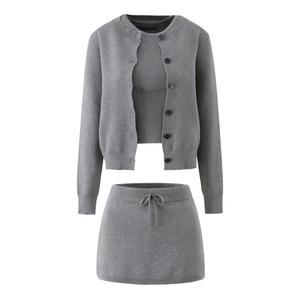 Women Cardigan Camisole And Skirt Acrylic Knit Outfit Ribbed Casual Streetwear Gray