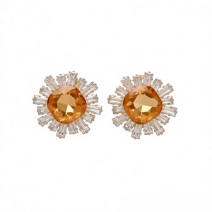 Boucles d'oreilles vintage plaquées or avec pierre orange et zircons transparents