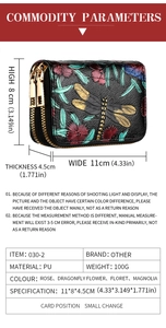 Spécifications de taille du portefeuille fleuri en cuir PU avec dimensions 11x8x4,5 cm