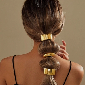 Women Geometric Metal Hair Ties Elastic Ponytail Holder Gold Crescent Rectangle Cuff Hair Bands Minimalist Fashion Accessories