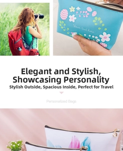 Detail of waterproof PU leather cosmetic bag featuring feather patterns and gold zipper
