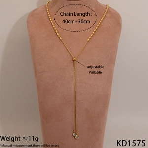 Adjustable golden stainless steel Y-shaped necklace with round beads and clear crystals