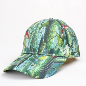 Close-up of a tactical baseball cap with realistic forest camouflage pattern