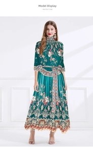 Front view of bohemian floral chiffon maxi dress with high neck and waist belt detail