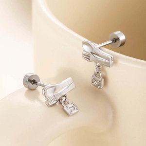 Cute spoon and fork lock earrings with screw back design in polished silver finish