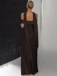 Elegant backless off-shoulder brown maxi dress with chic split and flowing streamers