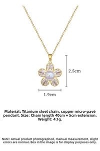 Detail showing dimensions of gold flower pendant with pearl and sparkling crystals