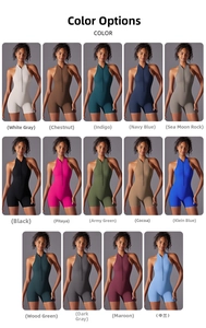 Multi-color collection of women's halter neck sleeveless yoga jumpsuits with front zippers