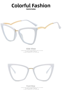 Detailed views of cat eye glasses with white frames and curved gold metal temples