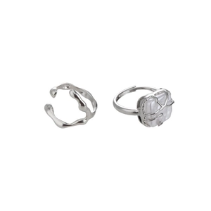 925 sterling silver ring set featuring irregular lava texture and square pearl accent