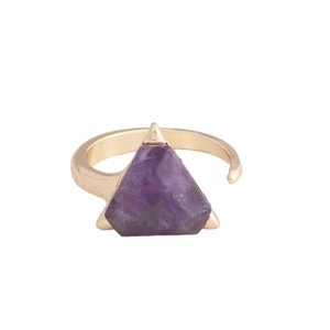 Adjustable gold open ring featuring a triangle natural amethyst stone on white background