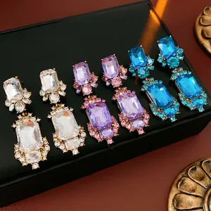 Vintage Luxury Geometric Square Crystal Dangle Earrings With Silver Earring Post Retro Palace Style Zircon Drop Jewelry