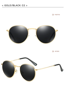 Classic round metal sunglasses with gold frame and black polarized lenses, front and side view