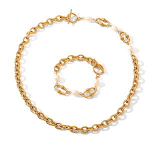 Set di gioielli vintage in acciaio inossidabile con collana e bracciale di perle