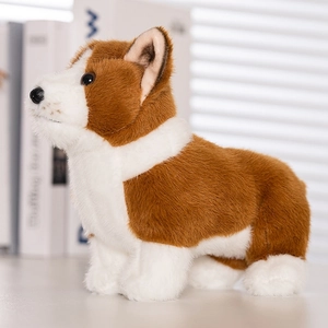 Detailed side view of a realistic Corgi plush toy with brown and white faux fur