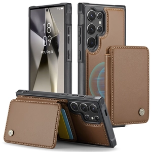 Detailed macro view showing brown litchi leather texture and card slots for Samsung S24
