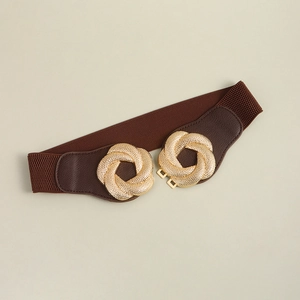 Detailed macro view of dark brown elastic waist belt with gold twisted buckle