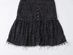 Close-up of white polka dots and delicate lace hem on a black V-neck long dress