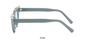 Side view of cat-eye sunglasses featuring light blue lenses and a grey-blue frame profile