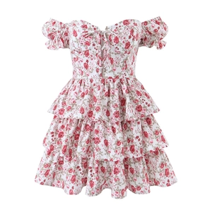 Mini-Blumenkleid Mit Herzausschnitt Polyester Baumwolle Puffärmel Gesmokt Gestufter Rüschenrock Für Damen