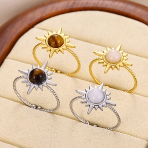 Bohemian Stainless Steel Sun Burst Open Ring With Twisted Band Inlaid Natural Tiger Eye Stone Adjustable Jewelry Gift