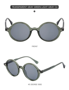 Detailed views of round grey-green sunglasses with light grey lenses in C4 color style