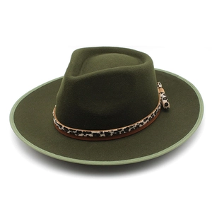 Olive green wool fedora with leopard print band and vintage binding edge for women
