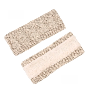 Detail view of winter knitted headband showing beige cable knit and soft fleece lining
