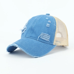 Vintage Denim Basecap mit Netzrücken und Destroyed-Effekt für Damen und Herren