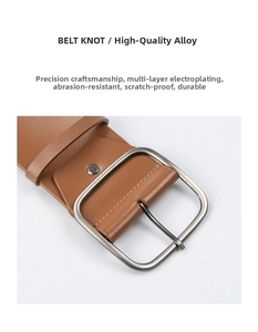 Macro detail of brown leather belt with high-quality alloy square pin buckle and stitching