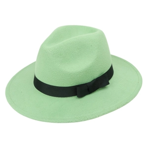 Detail of light green wool felt jazz hat featuring a black ribbon bow decoration