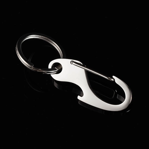 Polished silver stainless steel keychain with integrated bottle opener and quick hook
