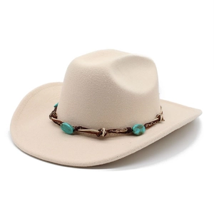 Western Cowboy Hat Wool Felt Wide Brim Retro Fedora With Turquoise Bead Band Bohemian Style Unisex Outdoor