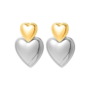 Orecchini a cuore lucidi in oro e argento con design a strati in metallo bicolore