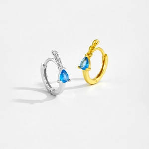 Elegant S925 sterling silver drop hoop earrings with blue zircon in gold and silver