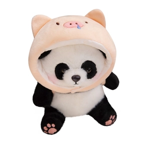 Soft cartoon panda plush toy wearing a pink pig hoodie for children comfort